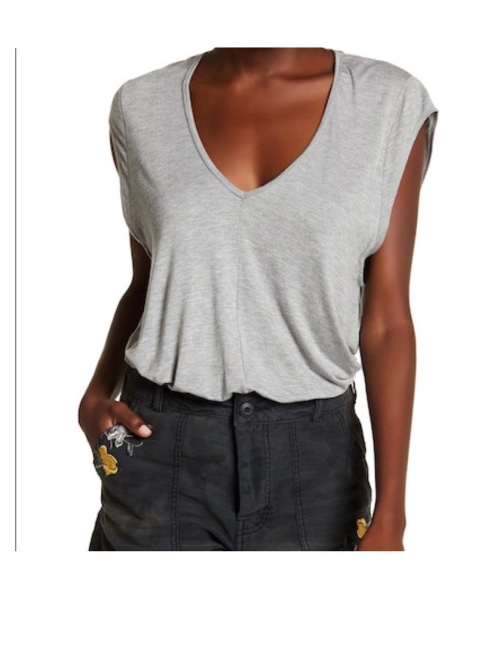 Free People women's Gray V-Neck Capsleeve Bodysuit